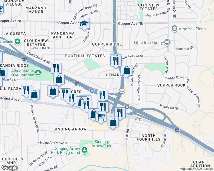 map of restaurants, bars, coffee shops, grocery stores, and more near 116 Linda View Place Northeast in Albuquerque