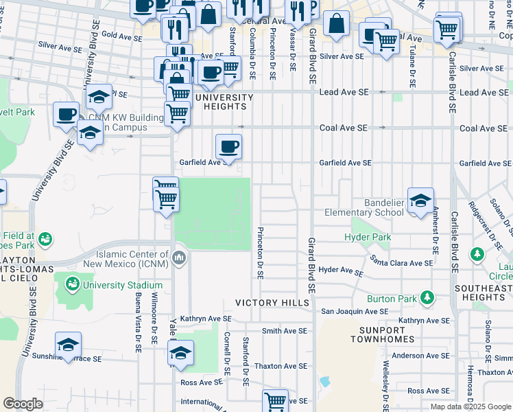map of restaurants, bars, coffee shops, grocery stores, and more near 709 Princeton Drive Southeast in Albuquerque