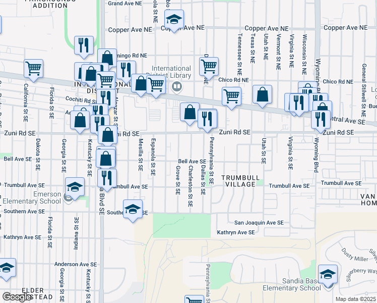 map of restaurants, bars, coffee shops, grocery stores, and more near 335 Charleston Street Southeast in Albuquerque