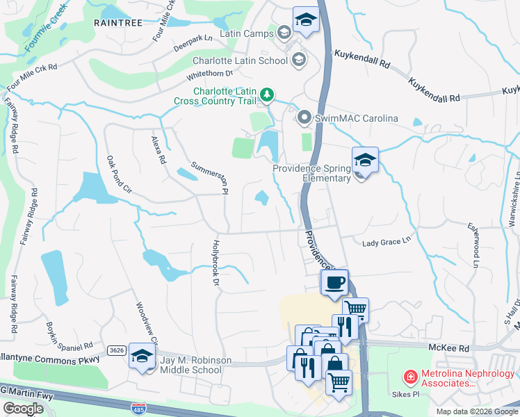 map of restaurants, bars, coffee shops, grocery stores, and more near 5300 Rockhill Ln in Charlotte