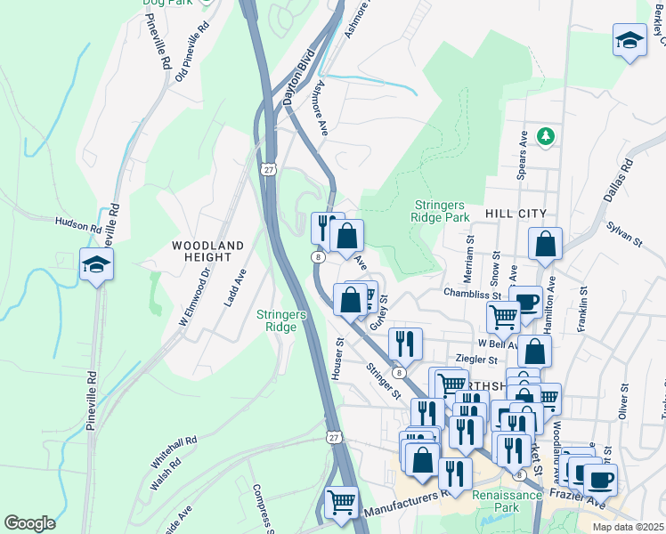 map of restaurants, bars, coffee shops, grocery stores, and more near 729 Overbridge Lane in Chattanooga