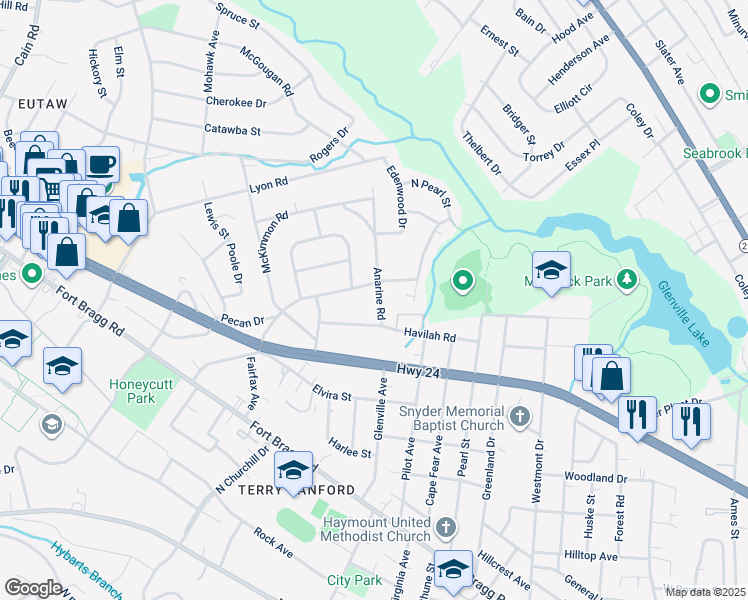 map of restaurants, bars, coffee shops, grocery stores, and more near 829 Anarine Road in Fayetteville