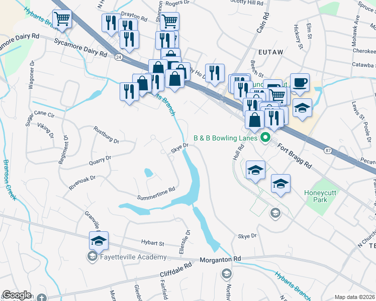 map of restaurants, bars, coffee shops, grocery stores, and more near 2925 Skye Drive in Fayetteville