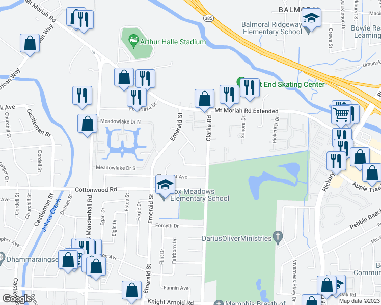 map of restaurants, bars, coffee shops, grocery stores, and more near 5601 Bayshore Drive in Memphis