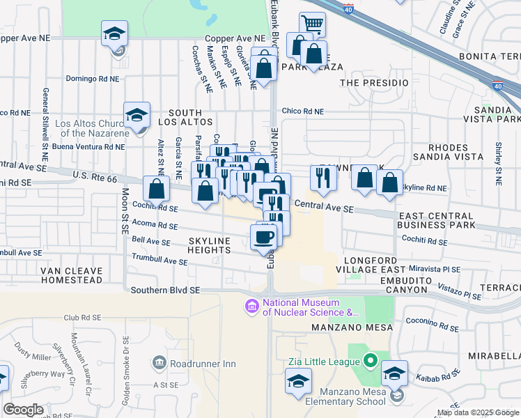 map of restaurants, bars, coffee shops, grocery stores, and more near in Albuquerque