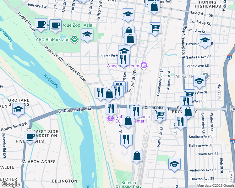 map of restaurants, bars, coffee shops, grocery stores, and more near 1417 4th Street Southwest in Albuquerque
