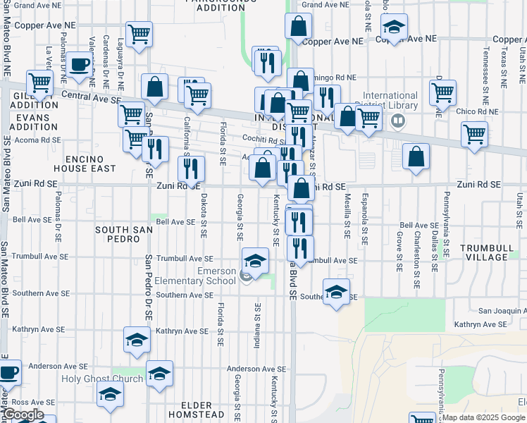 map of restaurants, bars, coffee shops, grocery stores, and more near 426 Indiana Street Southeast in Albuquerque
