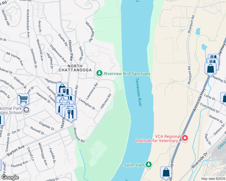 map of restaurants, bars, coffee shops, grocery stores, and more near 1637 Hillcrest Road in Chattanooga