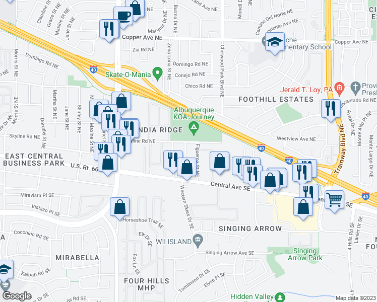 map of restaurants, bars, coffee shops, grocery stores, and more near 234 Burma Drive Northeast in Albuquerque