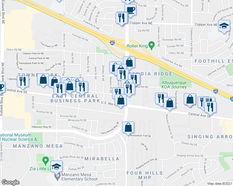 map of restaurants, bars, coffee shops, grocery stores, and more near 201 Muriel Street Northeast in Albuquerque