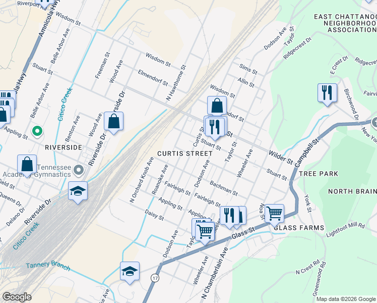 map of restaurants, bars, coffee shops, grocery stores, and more near 2901 Curtis Street in Chattanooga