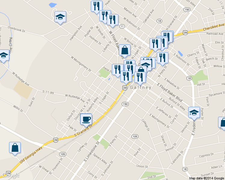 map of restaurants, bars, coffee shops, grocery stores, and more near 211 W Montgomery St in Gaffney