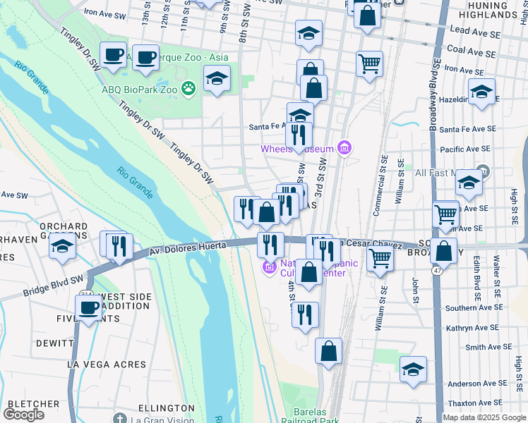 map of restaurants, bars, coffee shops, grocery stores, and more near 1410 8th Street Southwest in Albuquerque