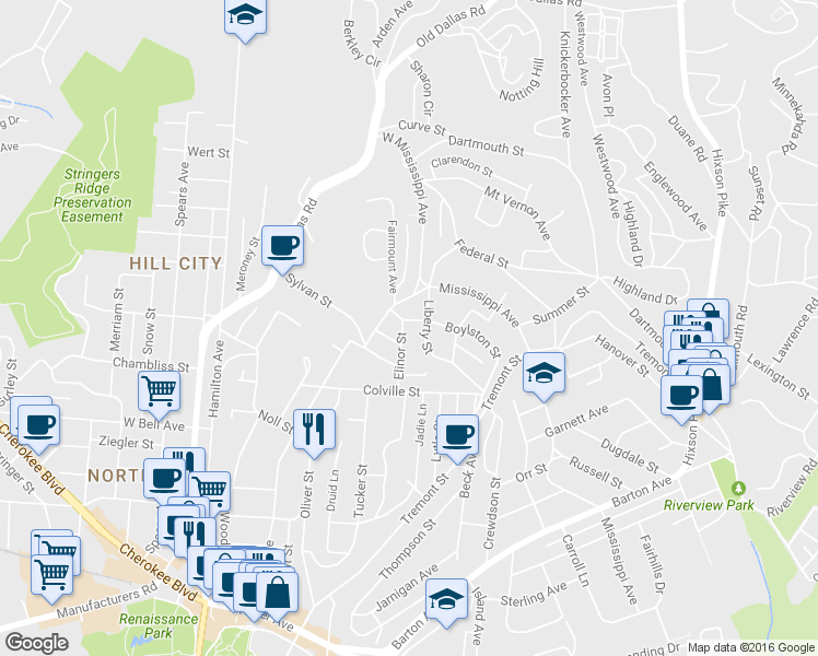 map of restaurants, bars, coffee shops, grocery stores, and more near 728 Elinor Street in Chattanooga
