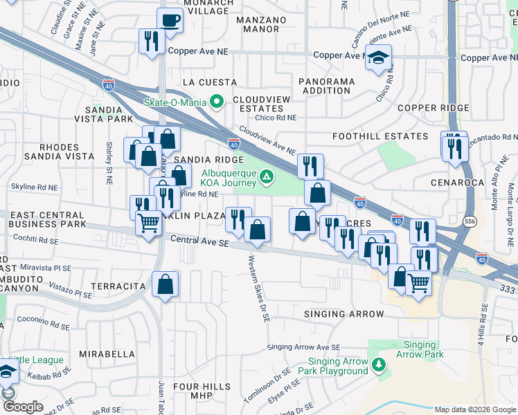 map of restaurants, bars, coffee shops, grocery stores, and more near 234 Burma Drive Northeast in Albuquerque
