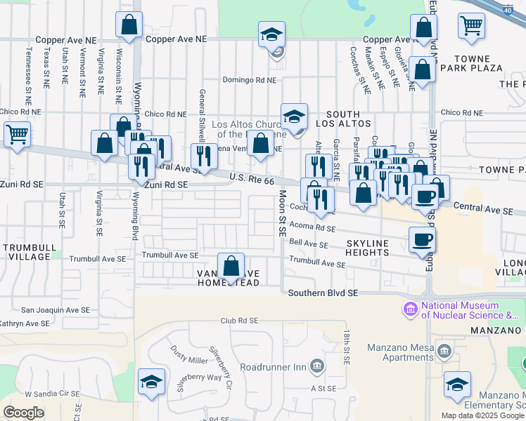 map of restaurants, bars, coffee shops, grocery stores, and more near 200 James Moore Street Southeast in Albuquerque