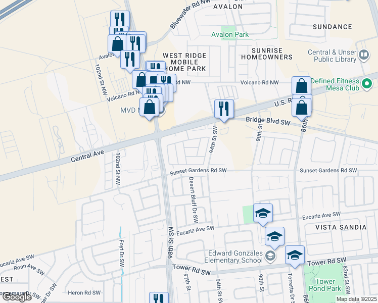 map of restaurants, bars, coffee shops, grocery stores, and more near 9600 Central Avenue Southwest in Albuquerque