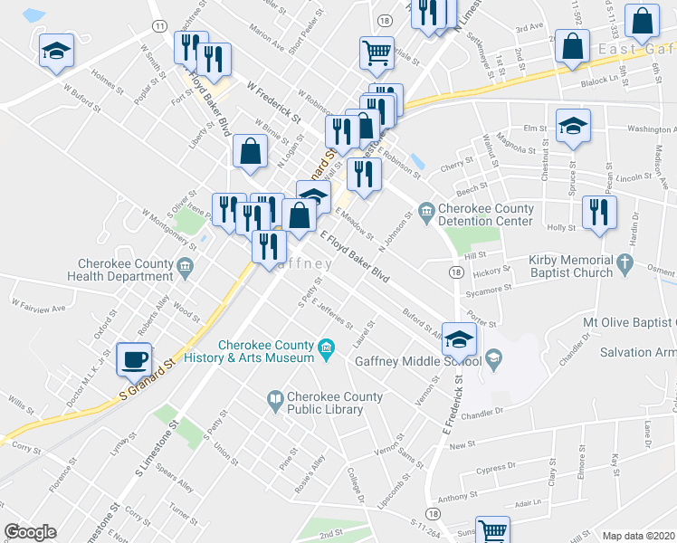 map of restaurants, bars, coffee shops, grocery stores, and more near 203 East Buford Street in Gaffney