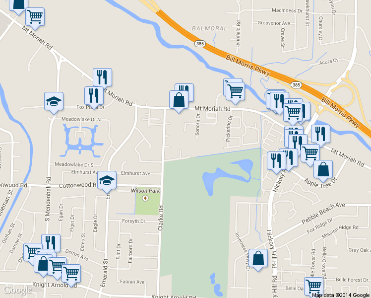 map of restaurants, bars, coffee shops, grocery stores, and more near 2826 Los Gatos Court in Memphis