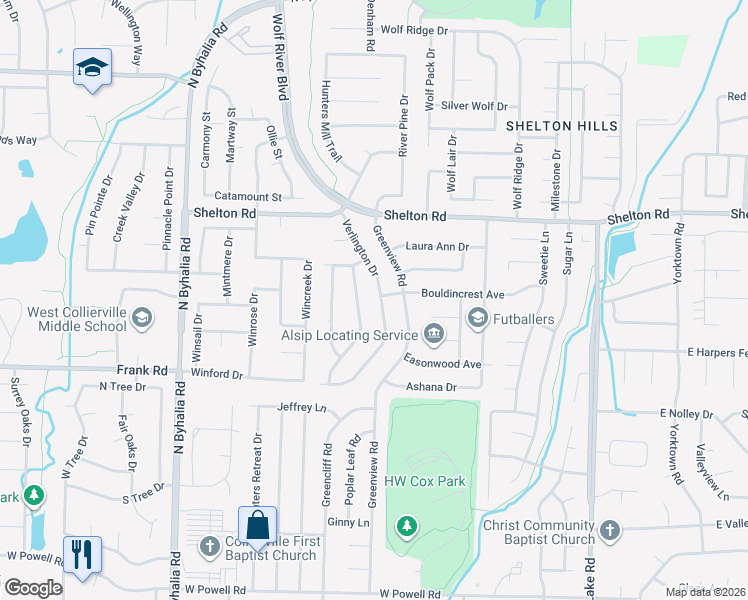 map of restaurants, bars, coffee shops, grocery stores, and more near 1169 Verlington Drive in Collierville