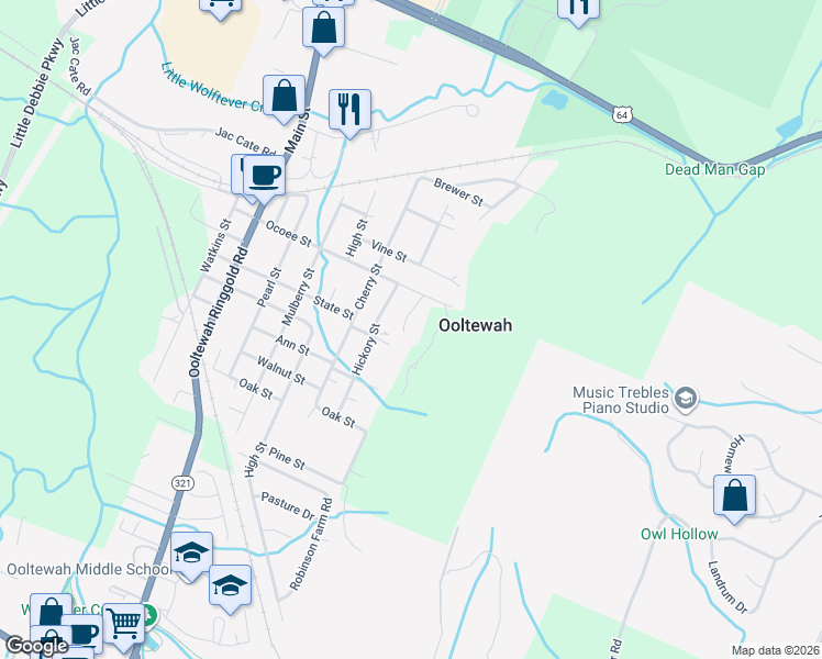 map of restaurants, bars, coffee shops, grocery stores, and more near 5638 Mountain Oaks Lane in Ooltewah