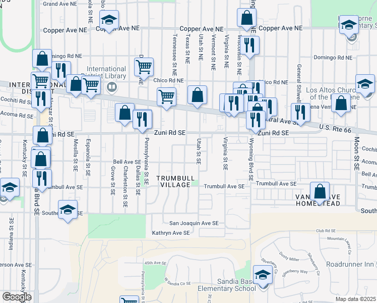 map of restaurants, bars, coffee shops, grocery stores, and more near 308 Texas Street Southeast in Albuquerque