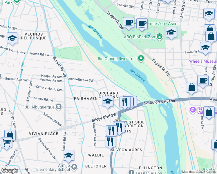 map of restaurants, bars, coffee shops, grocery stores, and more near 324 Wilshire Drive Southwest in Albuquerque