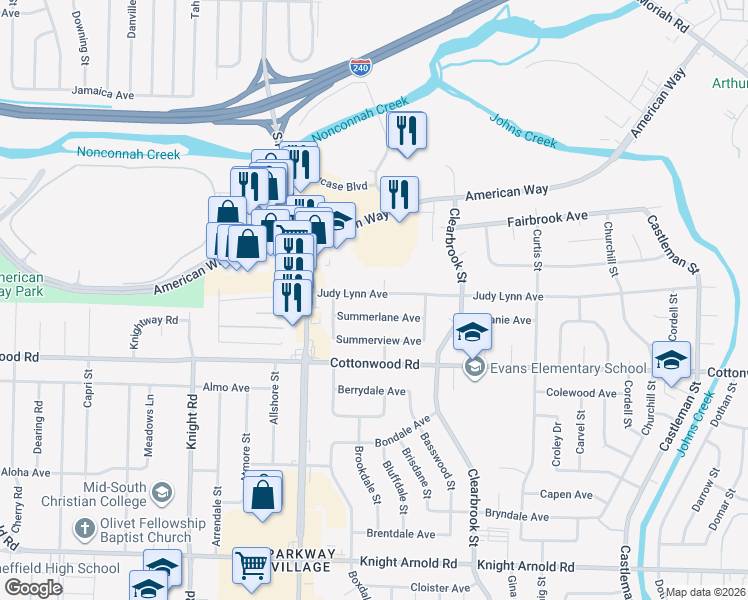 map of restaurants, bars, coffee shops, grocery stores, and more near 4821 Judy Lynn Avenue in Memphis