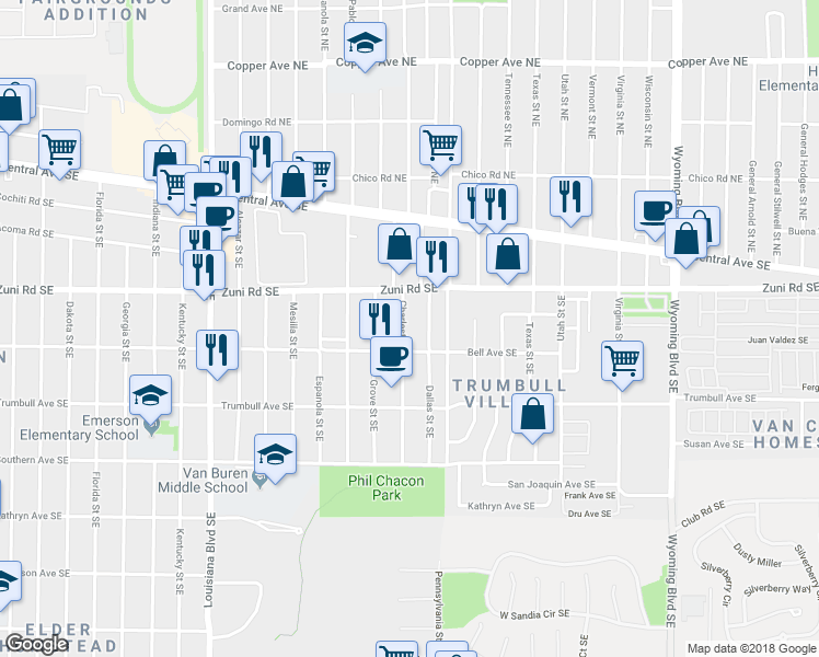 map of restaurants, bars, coffee shops, grocery stores, and more near 335 Charleston Street Southeast in Albuquerque