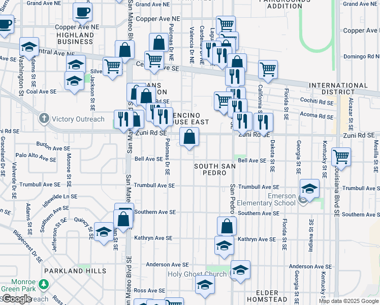map of restaurants, bars, coffee shops, grocery stores, and more near 537 Valencia Drive Southeast in Albuquerque