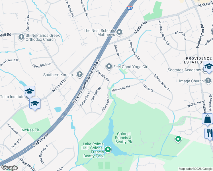 map of restaurants, bars, coffee shops, grocery stores, and more near 3401 Allenwood Road in Charlotte