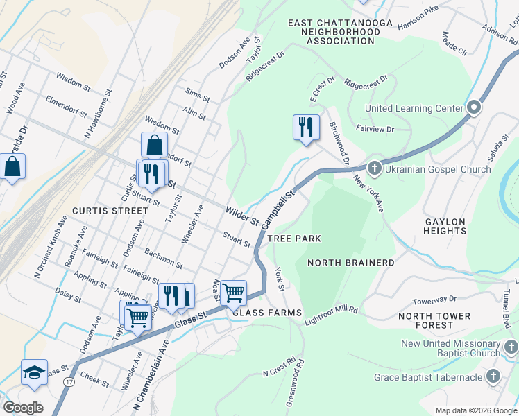 map of restaurants, bars, coffee shops, grocery stores, and more near 3110 Noah Street in Chattanooga