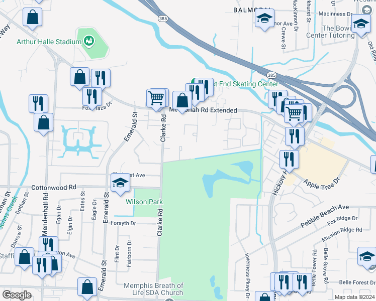 map of restaurants, bars, coffee shops, grocery stores, and more near 2826 Los Gatos Court in Memphis