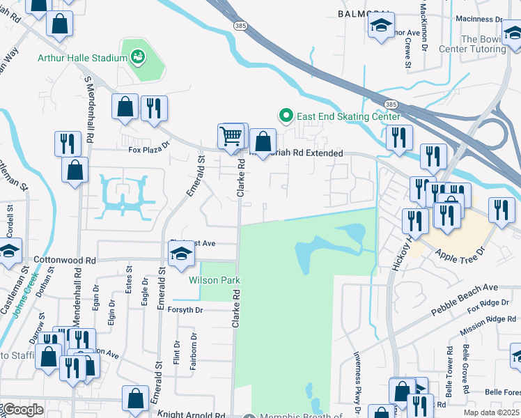 map of restaurants, bars, coffee shops, grocery stores, and more near 2826 Los Gatos Court in Memphis