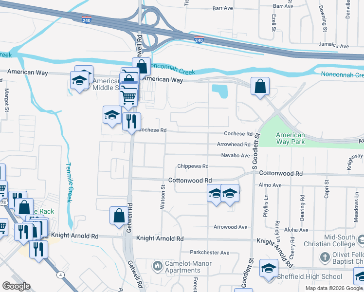 map of restaurants, bars, coffee shops, grocery stores, and more near 4063 Arrowhead Road in Memphis
