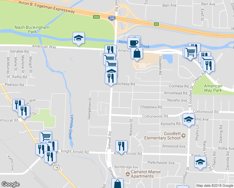 map of restaurants, bars, coffee shops, grocery stores, and more near 2831 Redwing Road in Memphis