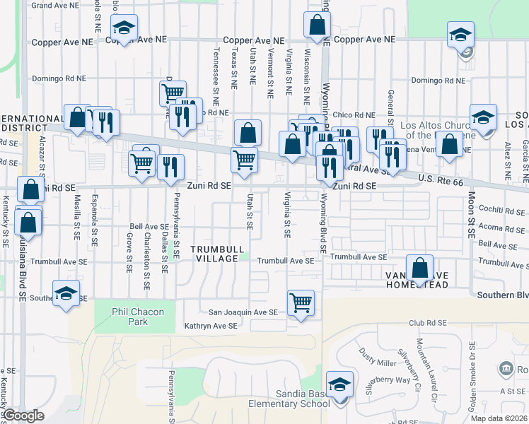 map of restaurants, bars, coffee shops, grocery stores, and more near 308 Shawnee Court Southeast in Albuquerque