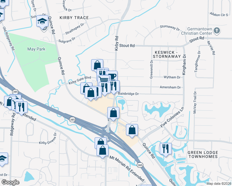 map of restaurants, bars, coffee shops, grocery stores, and more near 2856 Kirby Road in Memphis