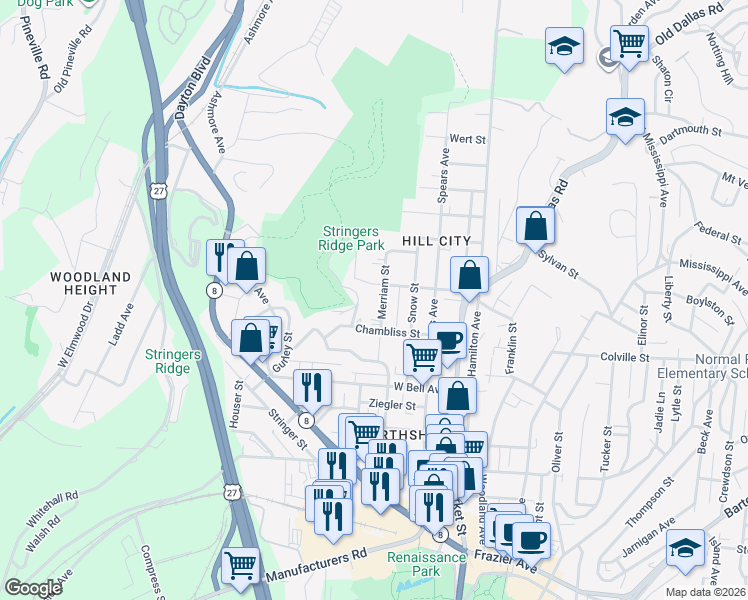 map of restaurants, bars, coffee shops, grocery stores, and more near 713 Merriam St in Chattanooga
