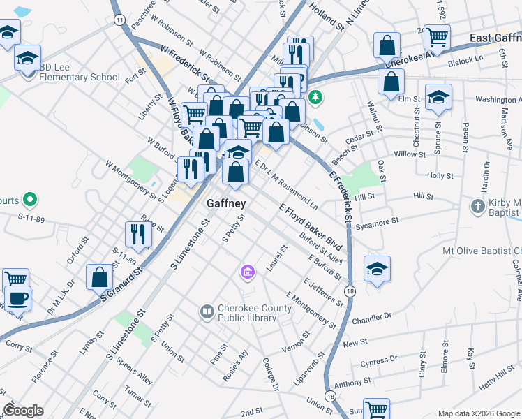 map of restaurants, bars, coffee shops, grocery stores, and more near 203 East Buford Street in Gaffney