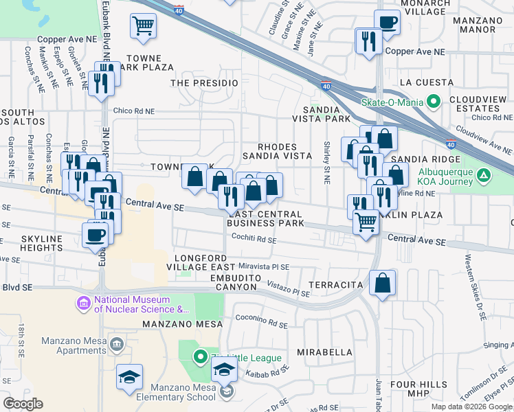 map of restaurants, bars, coffee shops, grocery stores, and more near 11037 Central Avenue Northeast in Albuquerque