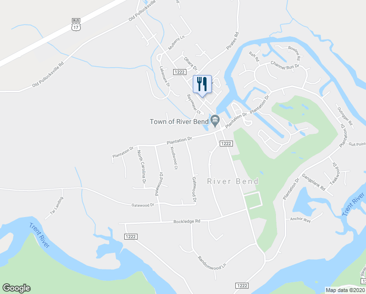 map of restaurants, bars, coffee shops, grocery stores, and more near 103 Gatewood Drive in New Bern