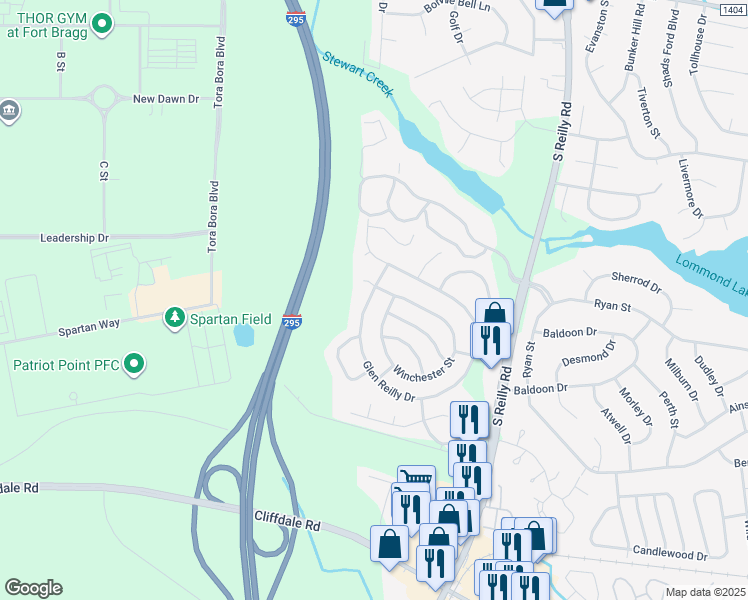 map of restaurants, bars, coffee shops, grocery stores, and more near 715 Glen Reilly Drive in Fayetteville