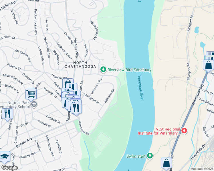 map of restaurants, bars, coffee shops, grocery stores, and more near 1624 Hillcrest Road in Chattanooga