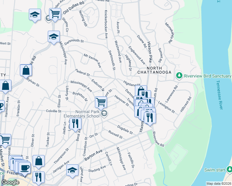 map of restaurants, bars, coffee shops, grocery stores, and more near 1101 Hanover St in Chattanooga