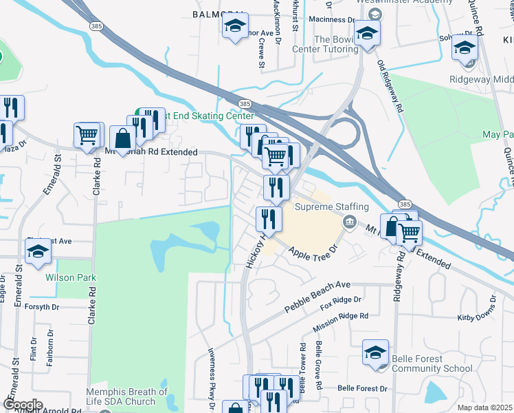 map of restaurants, bars, coffee shops, grocery stores, and more near 2822 Terri Crest Drive in Memphis