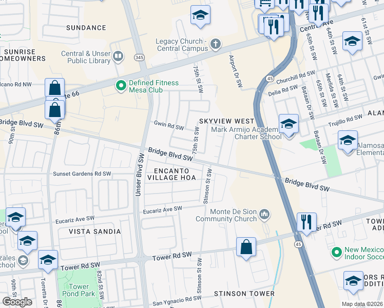 map of restaurants, bars, coffee shops, grocery stores, and more near 7500 Aster Road Southwest in Albuquerque
