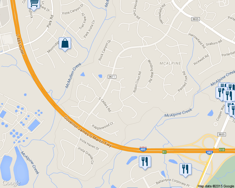 map of restaurants, bars, coffee shops, grocery stores, and more near 11306 5 Cedars Road in Charlotte