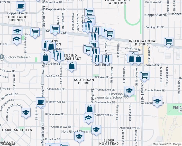 map of restaurants, bars, coffee shops, grocery stores, and more near 517 San Pedro Drive Southeast in Albuquerque