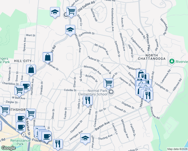 map of restaurants, bars, coffee shops, grocery stores, and more near 1012 Albany Street in Chattanooga